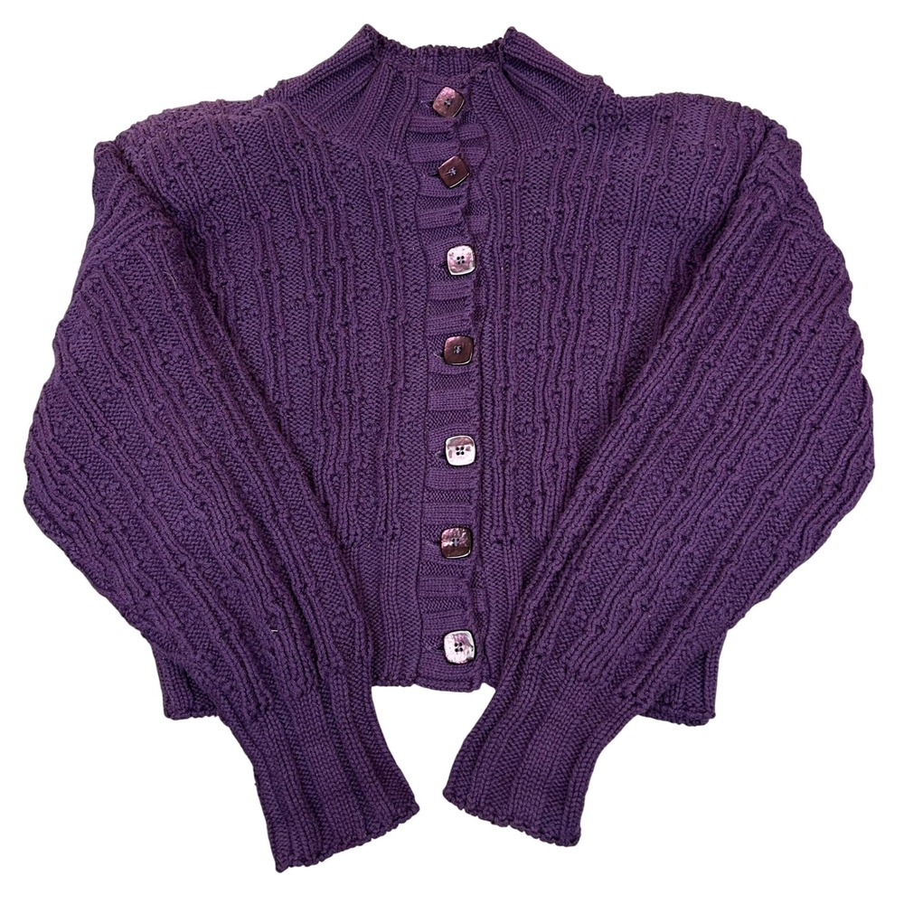 VTG 525 Purple Cardigan Chunky Cable Knit Mock Neck Crop Sweater Whimsigoth OS